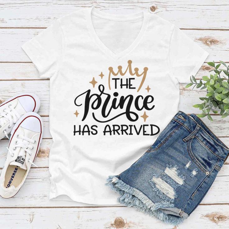 Baby Shower Text Design The Prince Has Arrived Women V-Neck T-Shirt