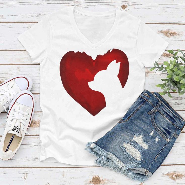 Chihuahua Shape With Red Heart Painting For Valentine Day Women V-Neck T-Shirt