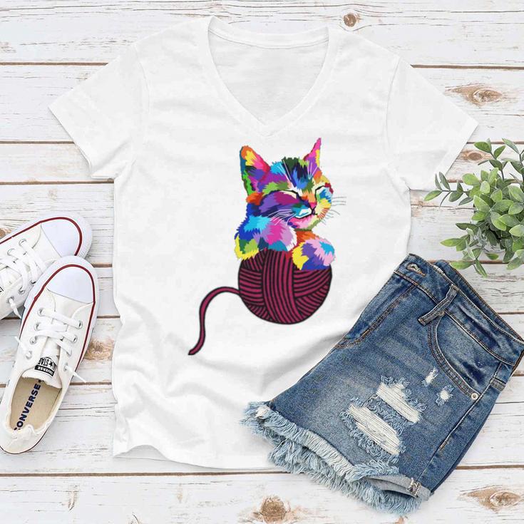 Cute Cat Gift For Kitten Lovers Colorful Art Kitty Adoption Women V-Neck T-Shirt