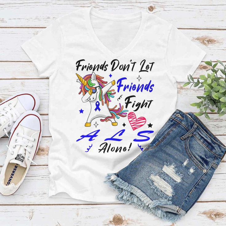 Friends Dont Let Friends Fight Als Alone Unicorn Blue Ribbon Amyotrophic Lateral Sclerosis Support Als Awareness Women V-Neck T-Shirt