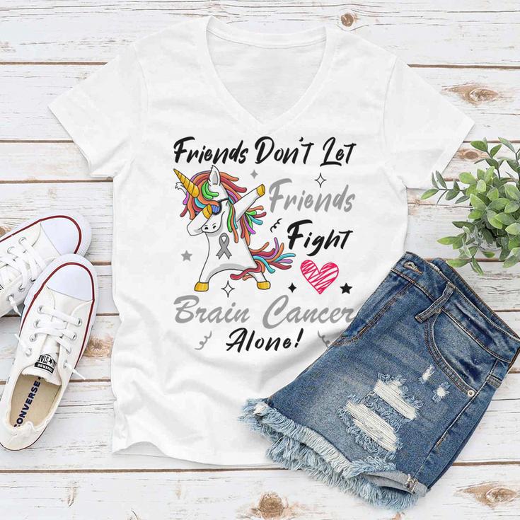 Friends Dont Let Friends Fight Brain Cancer Alone Unicorn Grey Ribbon Brain Cancer Brain Cancer Awareness Women V-Neck T-Shirt