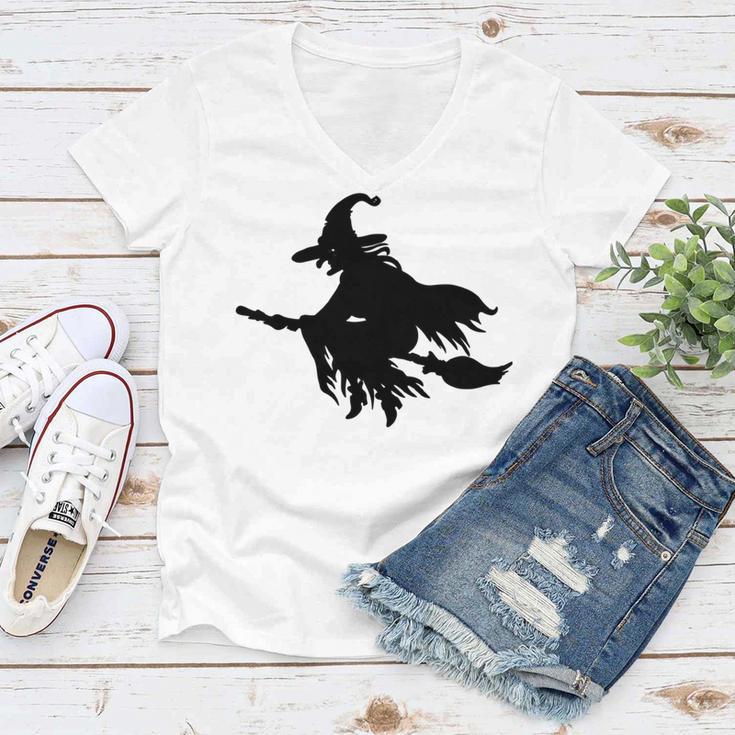 Halloween Scary Old Witch On Broom Art Design Pattern Women V-Neck T-Shirt