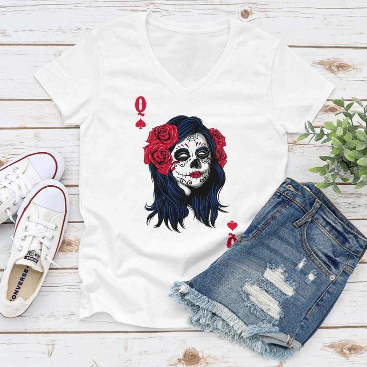 Halloween Sugar Skull With Red Floral Halloween Gift By Mesa Cute Women V-Neck T-Shirt