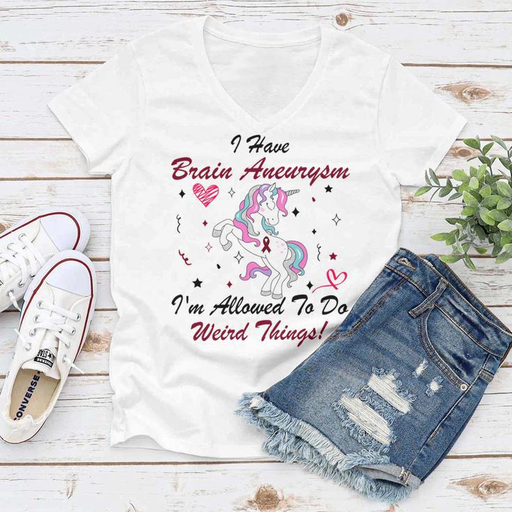 I Have Brain Aneurysm Im Allowed To Do Weird Things Unicorn Burgundy Ribbon Brain Aneurysm Bpd Brain Aneurysm Women V-Neck T-Shirt