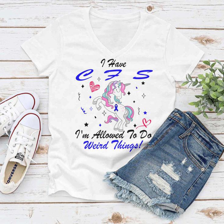 I Have Chronic Fatigue Syndrome Cfs Im Allowed To Do Weird Things Unicorn Blue Ribbon Chronic Fatigue Syndrome Support Cfs Awareness Women V-Neck T-Shirt