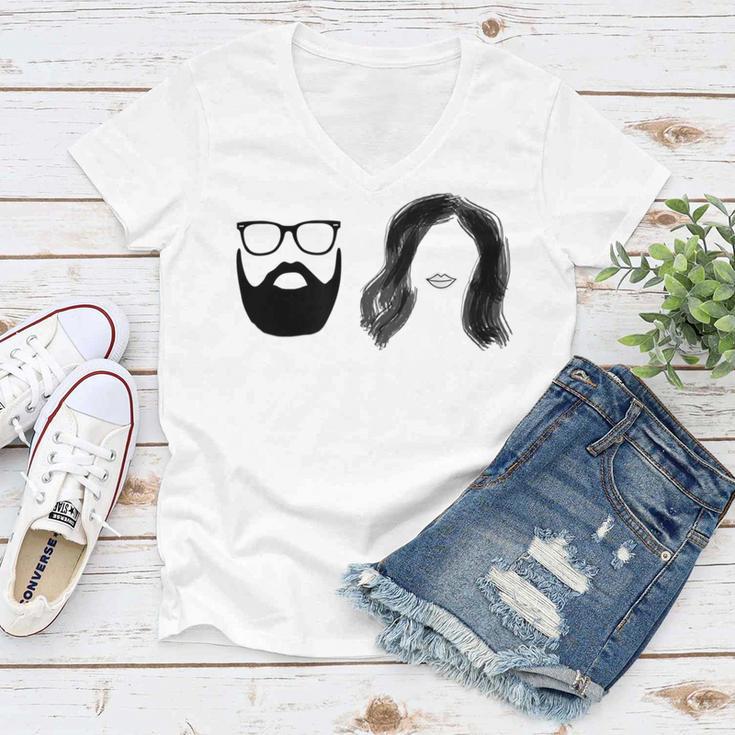 Man With Beard And Glasses With Woman Wavy Hair Women V-Neck T-Shirt