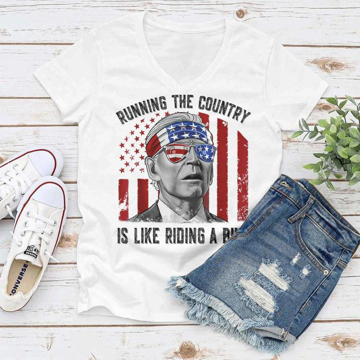 Merry 4Th Of July Joe Biden Falling Off His Bicycle Funny Women V-Neck T-Shirt