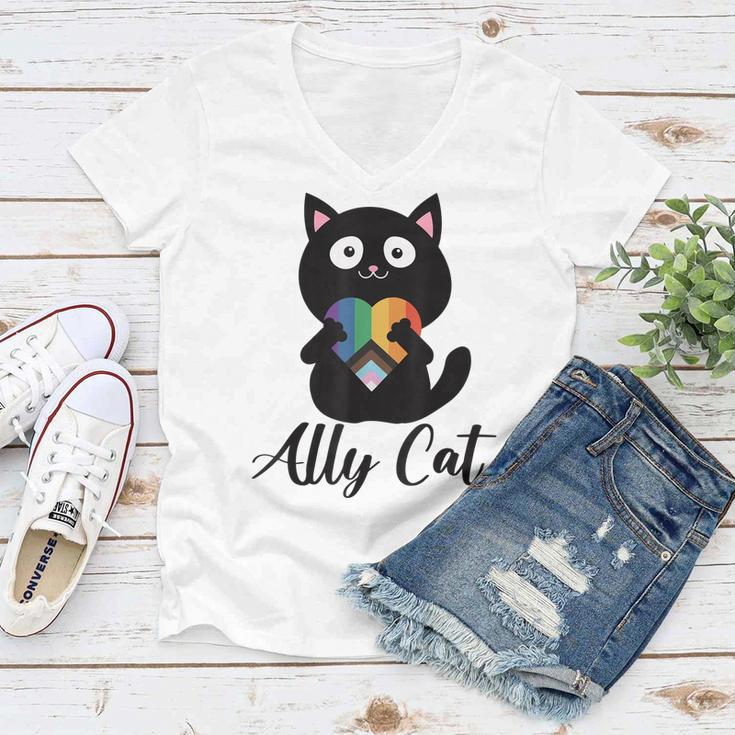 Rainbow Ally Cat Lgbt Gay Pride Flag Heart Men Women Kids Women V-Neck T-Shirt