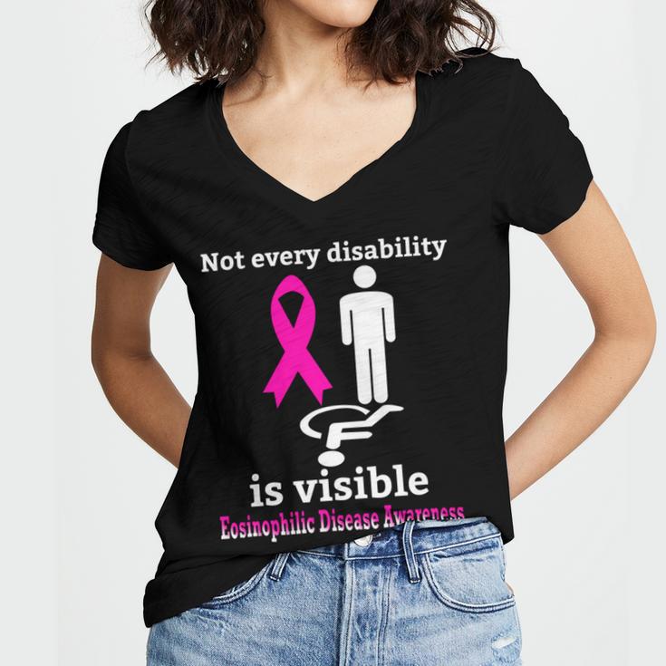 Every Disability Is Visible Eosinophilic Disease Awareness Pink Ribbon Eosinophilic Disease Eosinophilic Disease Awareness Women V-Neck T-Shirt