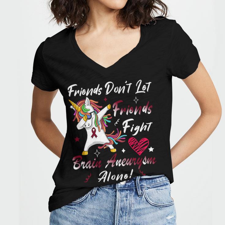 Friends Dont Let Friends Fight Brain Aneurysm Alone Unicorn Burgundy Ribbon Brain Aneurysm Bpd Brain Aneurysm V2 Women V-Neck T-Shirt