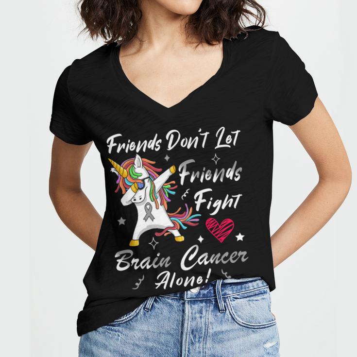 Friends Dont Let Friends Fight Brain Cancer Alone Unicorn Grey Ribbon Brain Cancer Brain Cancer Awareness V2 Women V-Neck T-Shirt