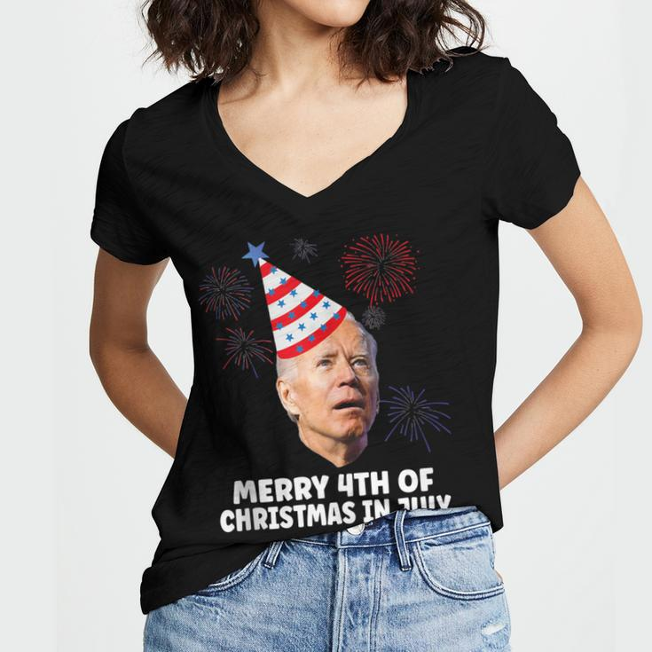 Funny Joe Biden Merry 4Th Of Christmas In July Usa Flag Women V-Neck T-Shirt