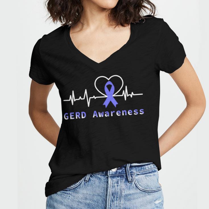 Gerd Awareness Heartbeat Periwinkle Blue Ribbon Gastroesophageal Reflux Disease Gerd Awareness Women V-Neck T-Shirt