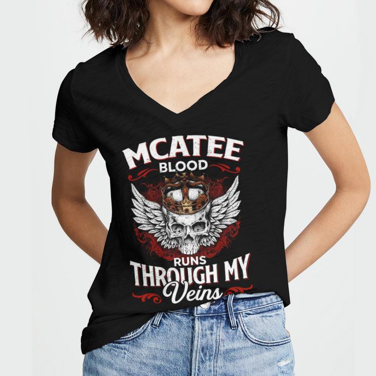 Mcatee Blood Runs Through My Veins Name Women V-Neck T-Shirt