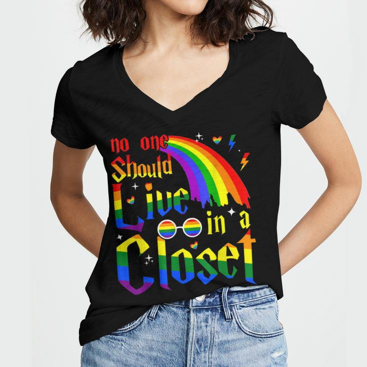 No One Should Live In A Closet Lgbt-Q Gay Pride Proud Ally Women V-Neck T-Shirt
