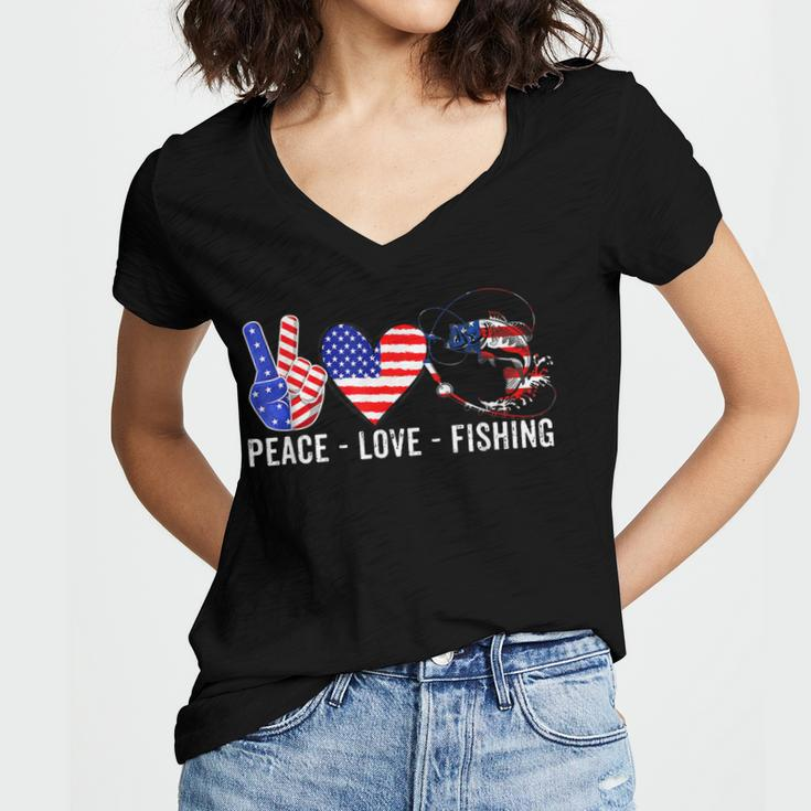 Peace Love Fishing America 4Th July Patriotic Heart Sign Women V-Neck T-Shirt