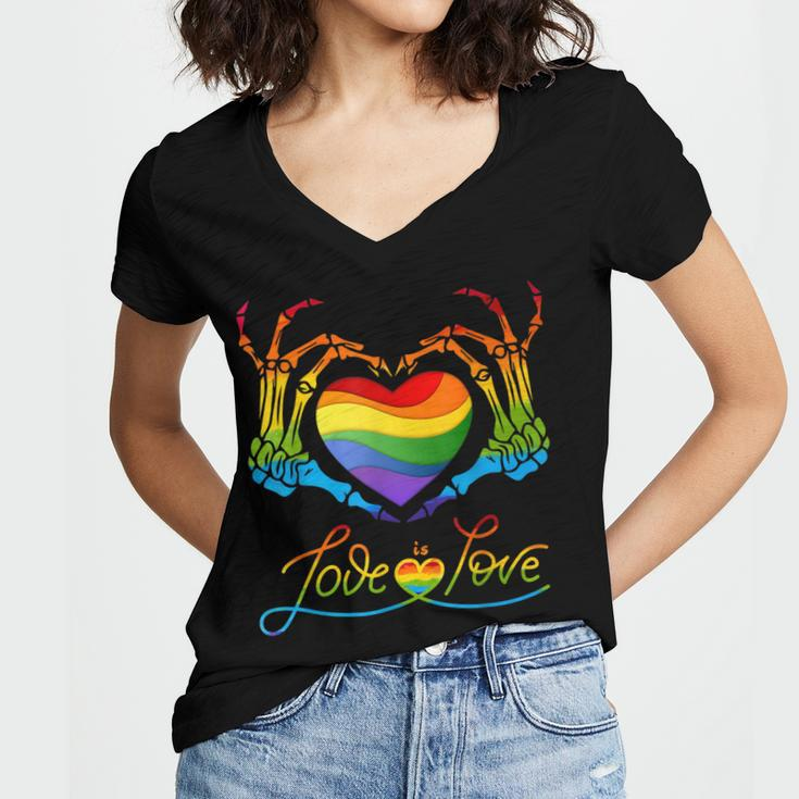 Rainbow Heart Skeleton Love Is Love Lgbt Gay Lesbian Pride Women V-Neck T-Shirt