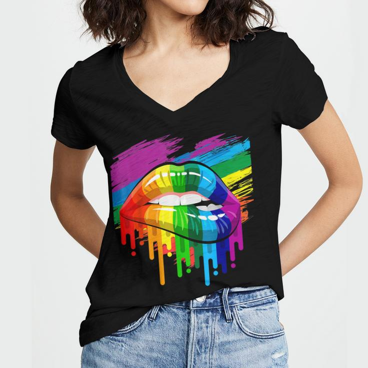 Rainbow Lips Lgbt Pride Month Rainbow Flag Women V-Neck T-Shirt