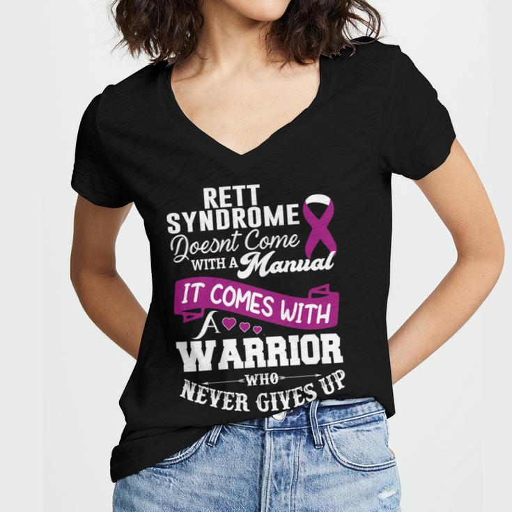 Rett Syndrome Doesnt Come With A Manual It Comes With A Warrior Who Never Gives Up Purple Ribbon Rett Syndrome Rett Syndrome Awareness Women V-Neck T-Shirt