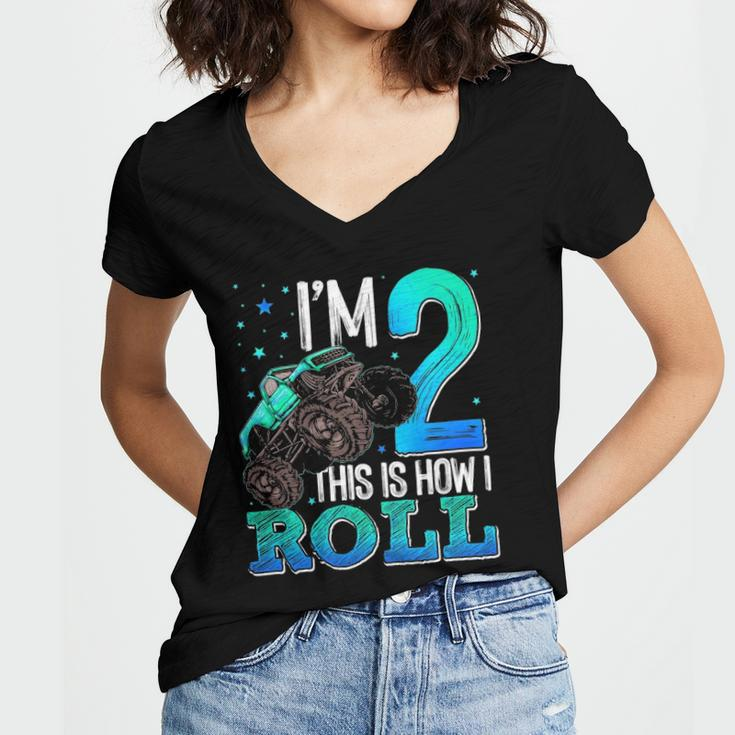 This Is How I Roll 2 Years Old Monster Truck 2Nd Birthday Women V-Neck T-Shirt
