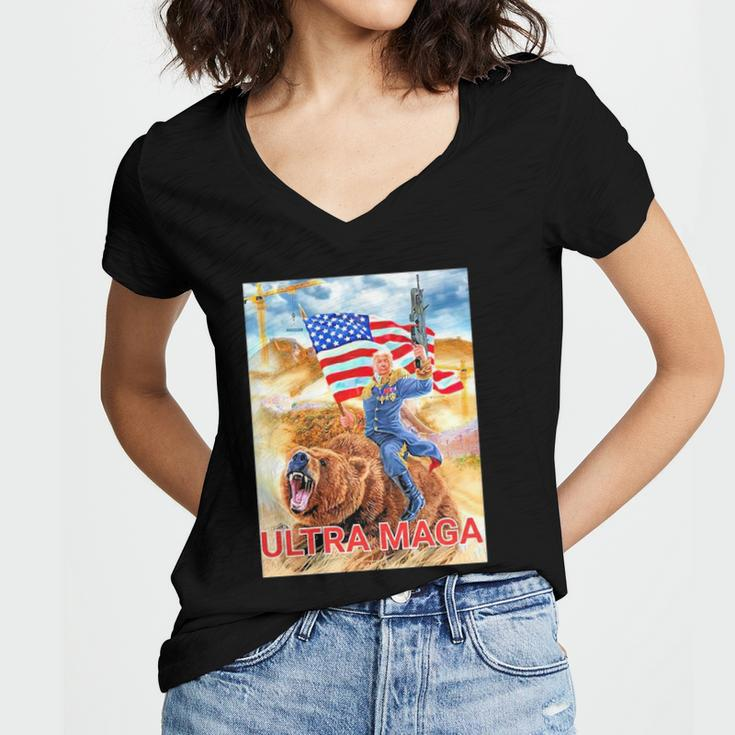 Trump Ultra Maga The Great Maga King Trump Riding Bear Women V-Neck T-Shirt