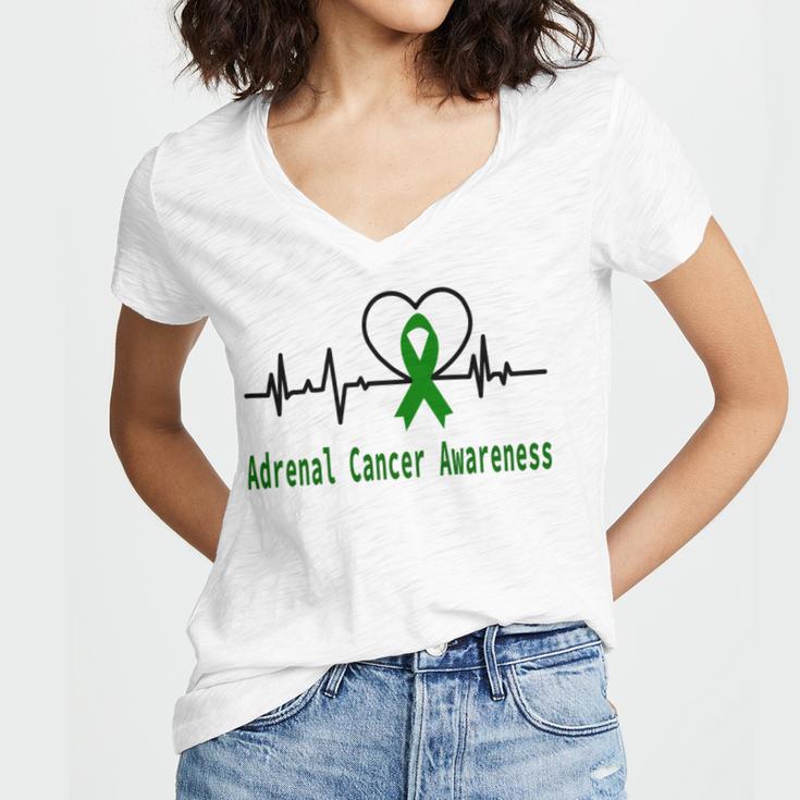 Adrenal Cancer Awareness Heartbeat Green Ribbon Adrenal Cancer Adrenal Cancer Awareness Women V-Neck T-Shirt