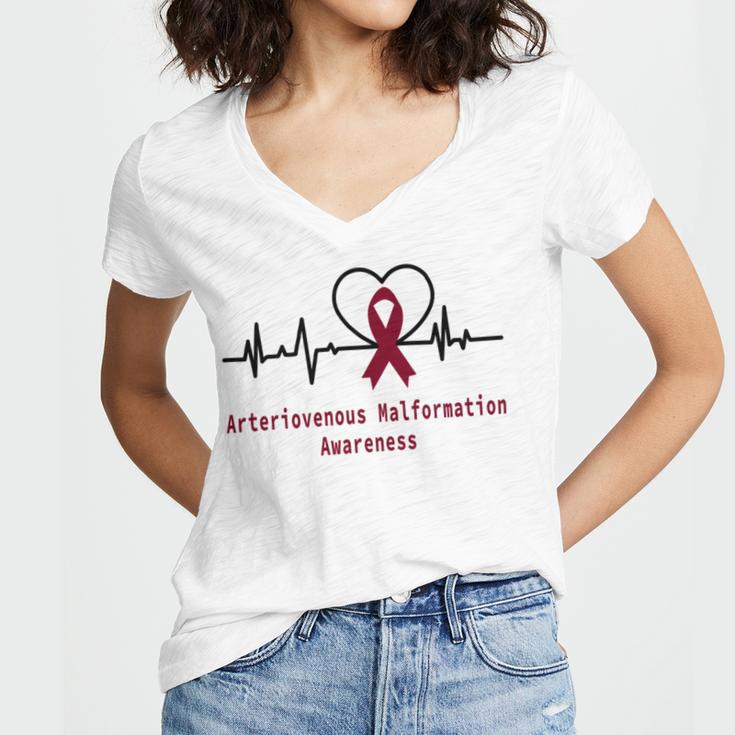 Arteriovenous Malformation Awareness Heartbeat Burgundy Ribbon Arteriovenous Malformation Support Arteriovenous Malformation Awareness Women V-Neck T-Shirt