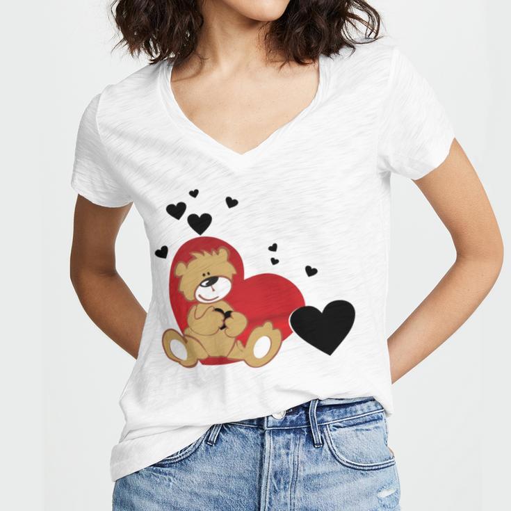 Cartoon Animal Happy Loving Teddy Bear Women V-Neck T-Shirt