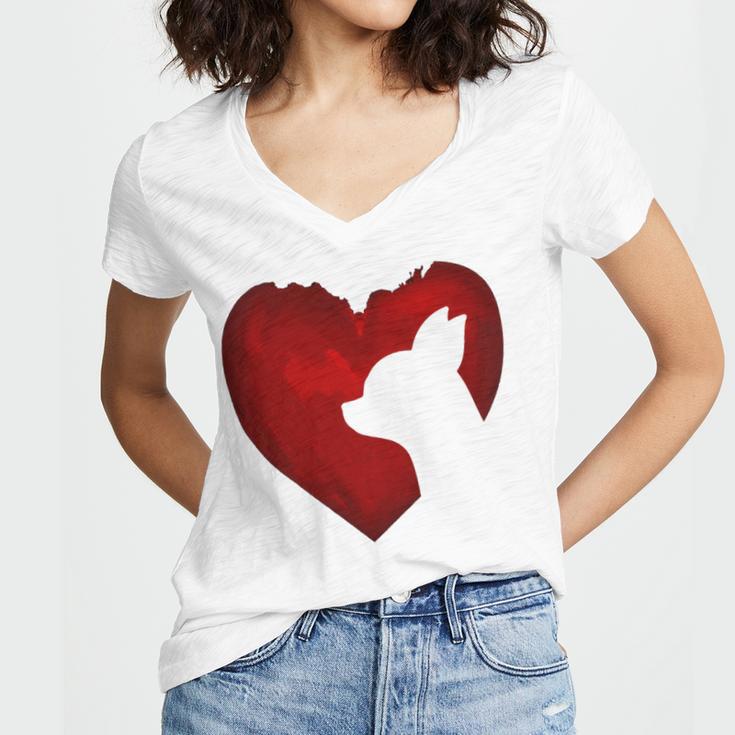 Chihuahua Shape With Red Heart Painting For Valentine Day Women V-Neck T-Shirt