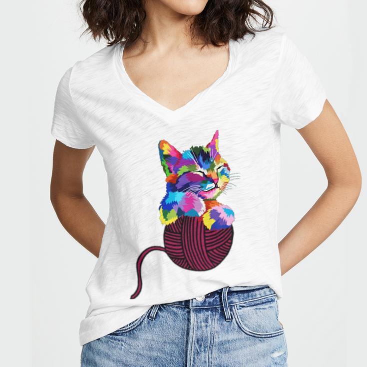 Cute Cat Gift For Kitten Lovers Colorful Art Kitty Adoption Women V-Neck T-Shirt