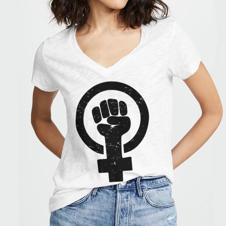 Feminist Raised Fist - Distressed Fitted Women V-Neck T-Shirt