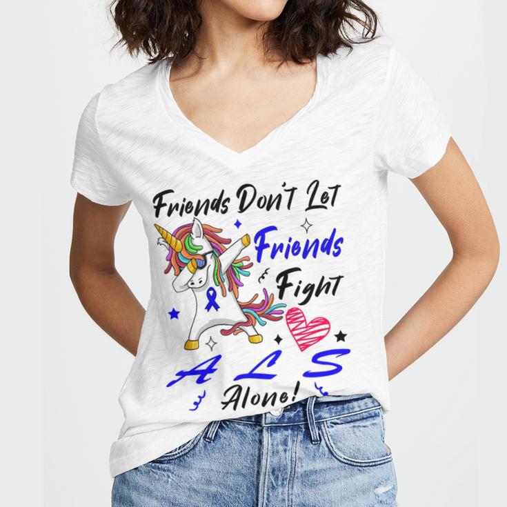 Friends Dont Let Friends Fight Als Alone Unicorn Blue Ribbon Amyotrophic Lateral Sclerosis Support Als Awareness Women V-Neck T-Shirt