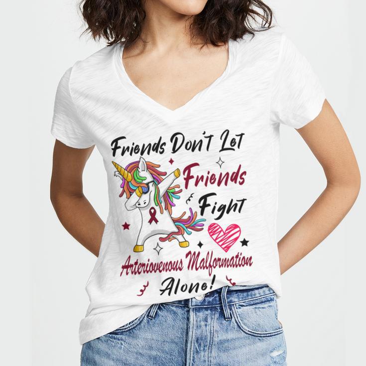 Friends Dont Let Friends Fight Arteriovenous Malformation Alone Unicorn Burgundy Ribbon Arteriovenous Malformation Support Arteriovenous Malformation Awareness Women V-Neck T-Shirt