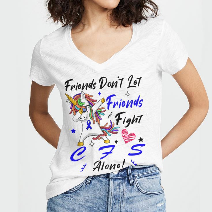 Friends Dont Let Friends Fight Chronic Fatigue Syndrome Cfs Alone Unicorn Blue Ribbon Chronic Fatigue Syndrome Support Cfs Awareness Women V-Neck T-Shirt