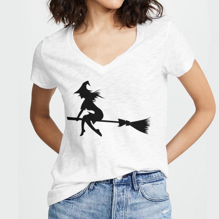 Halloween Young Scary Witch On Broom Pattern Women V-Neck T-Shirt