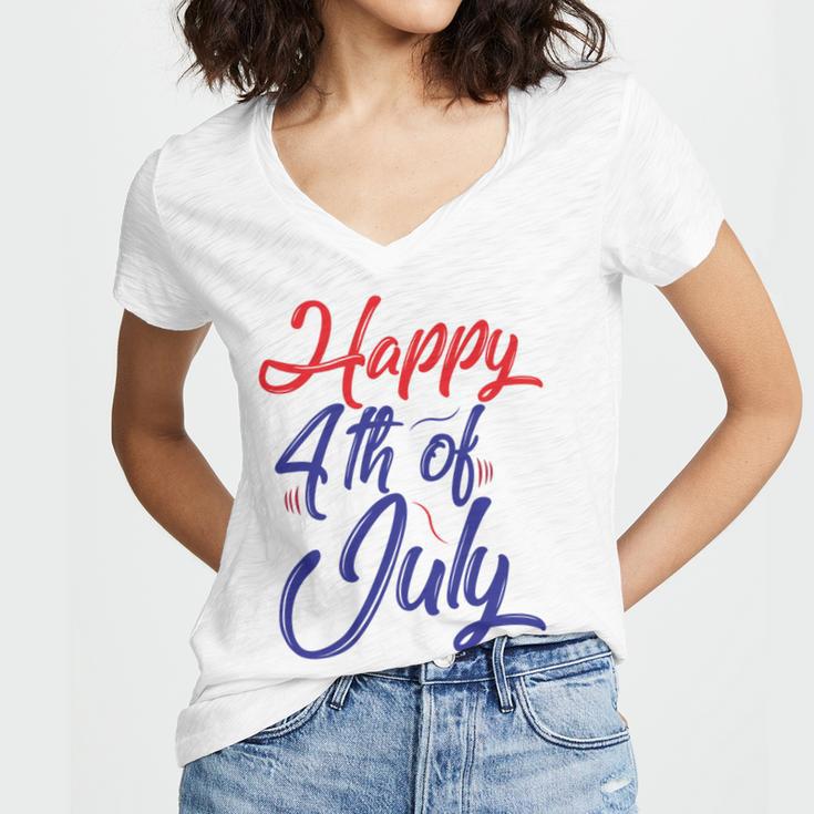 Happy 4Th Of July Dark Red Blue Text Women V-Neck T-Shirt