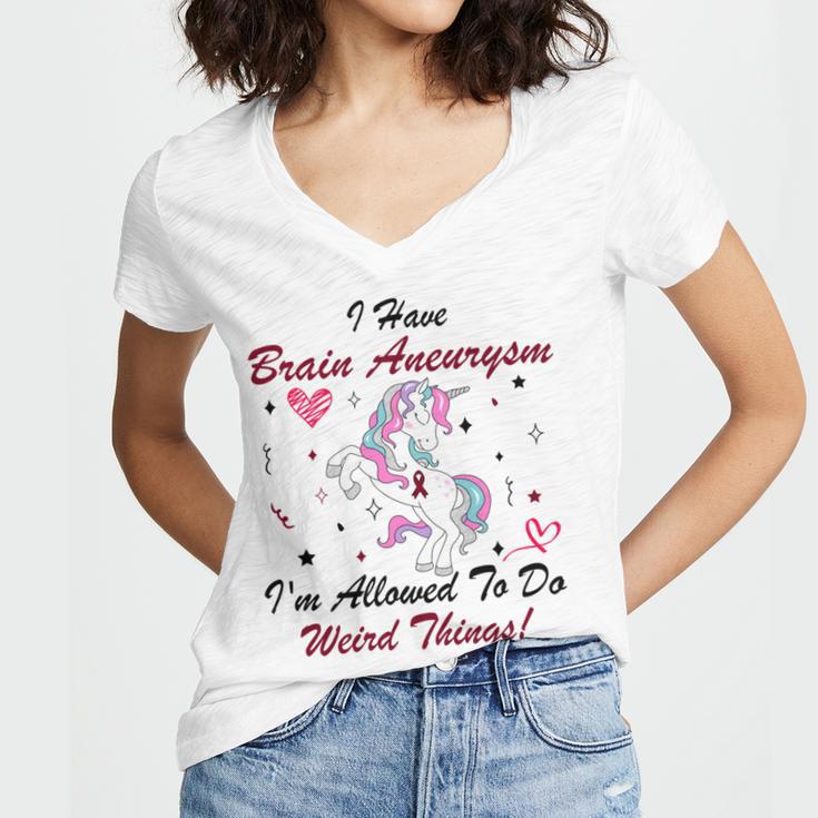 I Have Brain Aneurysm Im Allowed To Do Weird Things Unicorn Burgundy Ribbon Brain Aneurysm Bpd Brain Aneurysm Women V-Neck T-Shirt