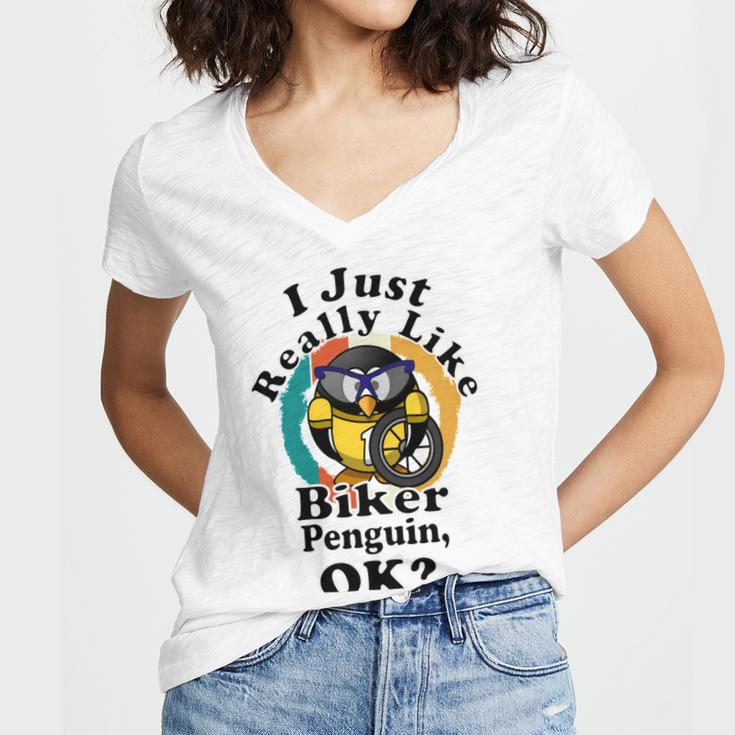 I Really Like Biker Penguin Ok Women V-Neck T-Shirt