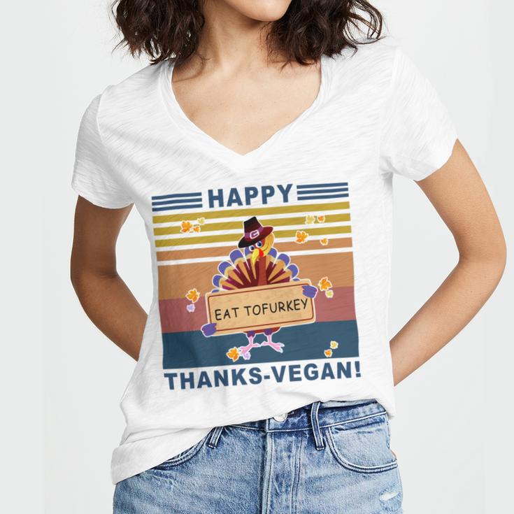 Turkey Happy Thanks Vegan Turkey Vintage Retro Women V-Neck T-Shirt