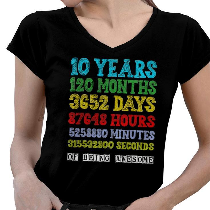 10 Years Of Being Awesome Happy 10Th Birthday Ten Countdown Women V-Neck T-Shirt
