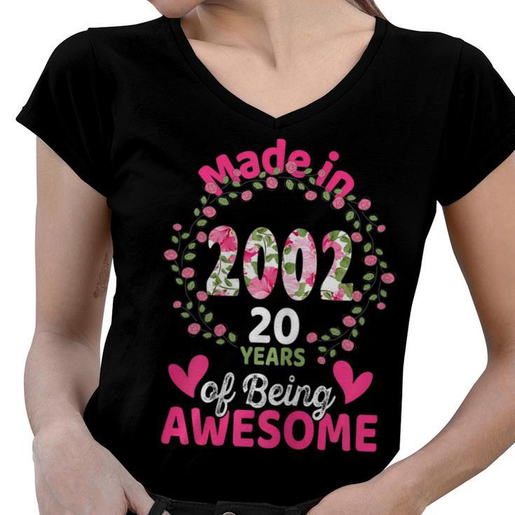 20 Years Old 20Th Birthday Born In 2002 Women Girls Floral  Women V-Neck T-Shirt