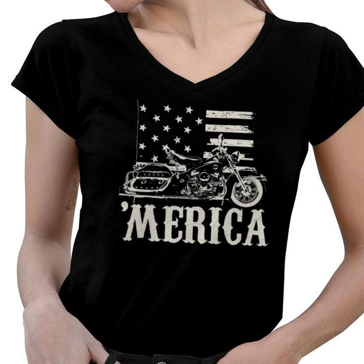 4Th Of July Merica V-Twin Motorcycle Biker Women V-Neck T-Shirt