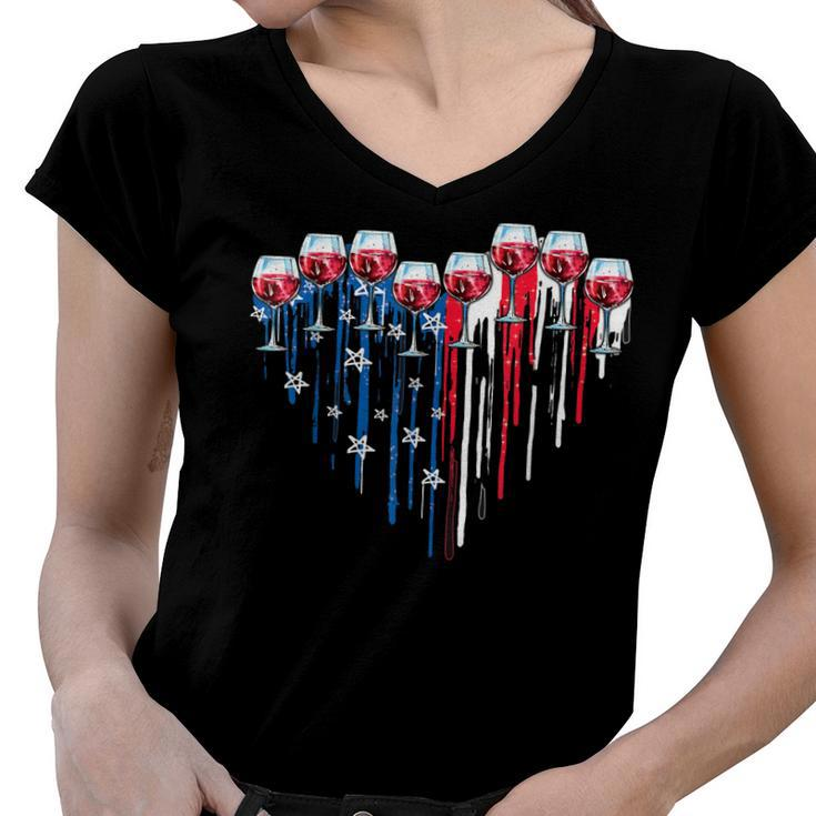 4Th Of July Wine Glasses Heart American Flag Patriotic  Women V-Neck T-Shirt