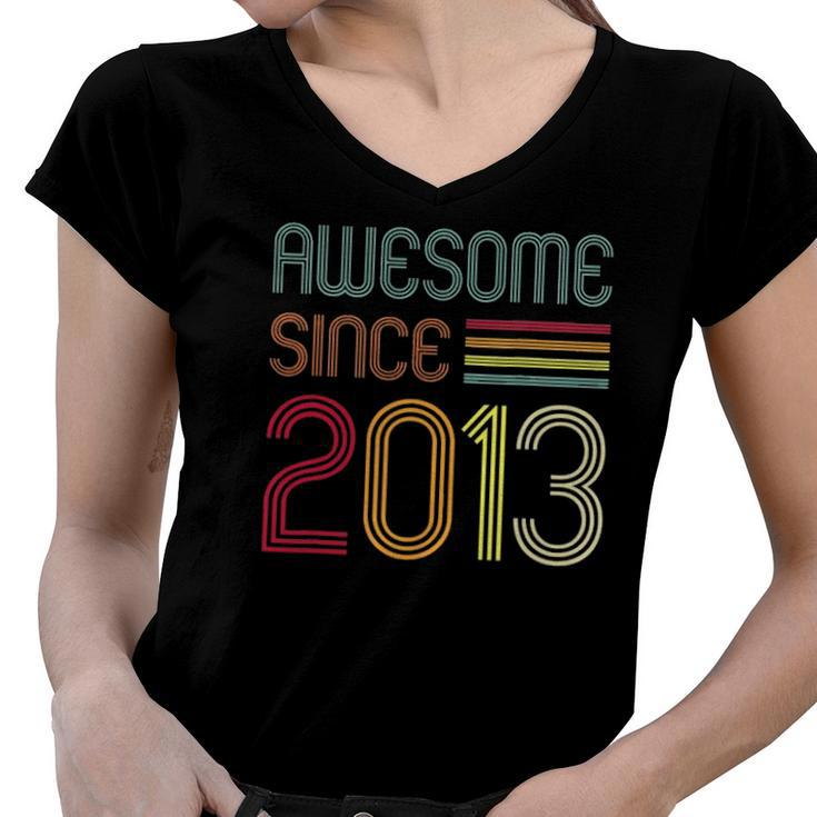 9 Years Old Gifts Awesome Since 2013 9Th Birthday Retro Women V-Neck T-Shirt