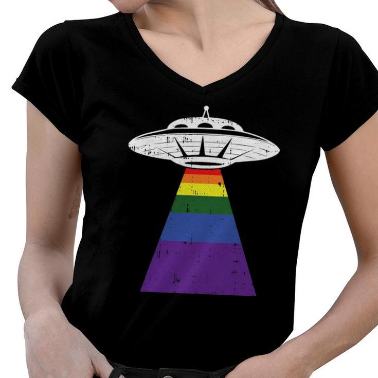 Alien Abduction Gay Pride Lgbtq Gaylien Ufo Proud Ally Women V-Neck T-Shirt