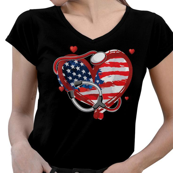 All American Nurse 4Th Of July Patriotic Usa Flag Nursing  Women V-Neck T-Shirt