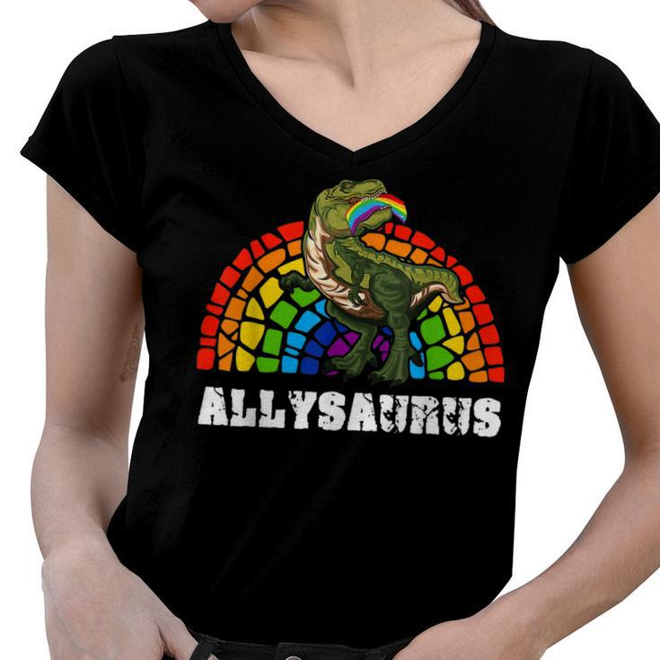 Allysaurus Dinosaur In Rainbow Flag For Ally Lgbt Pride  V3 Women V-Neck T-Shirt