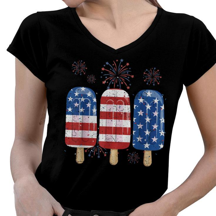 America 4Th Of July Popsicle Ice Cream Us Flag Patriotic  Women V-Neck T-Shirt