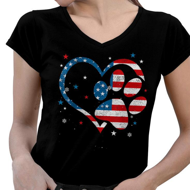 American Flag Patriotic Dog & Cat Paw Print - 4Th Of July  Women V-Neck T-Shirt