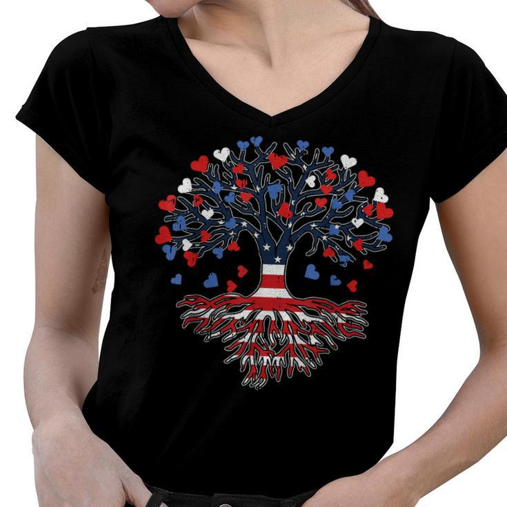 American Tree 4Th Of July Usa Flag Hearts Roots Patriotic  Women V-Neck T-Shirt